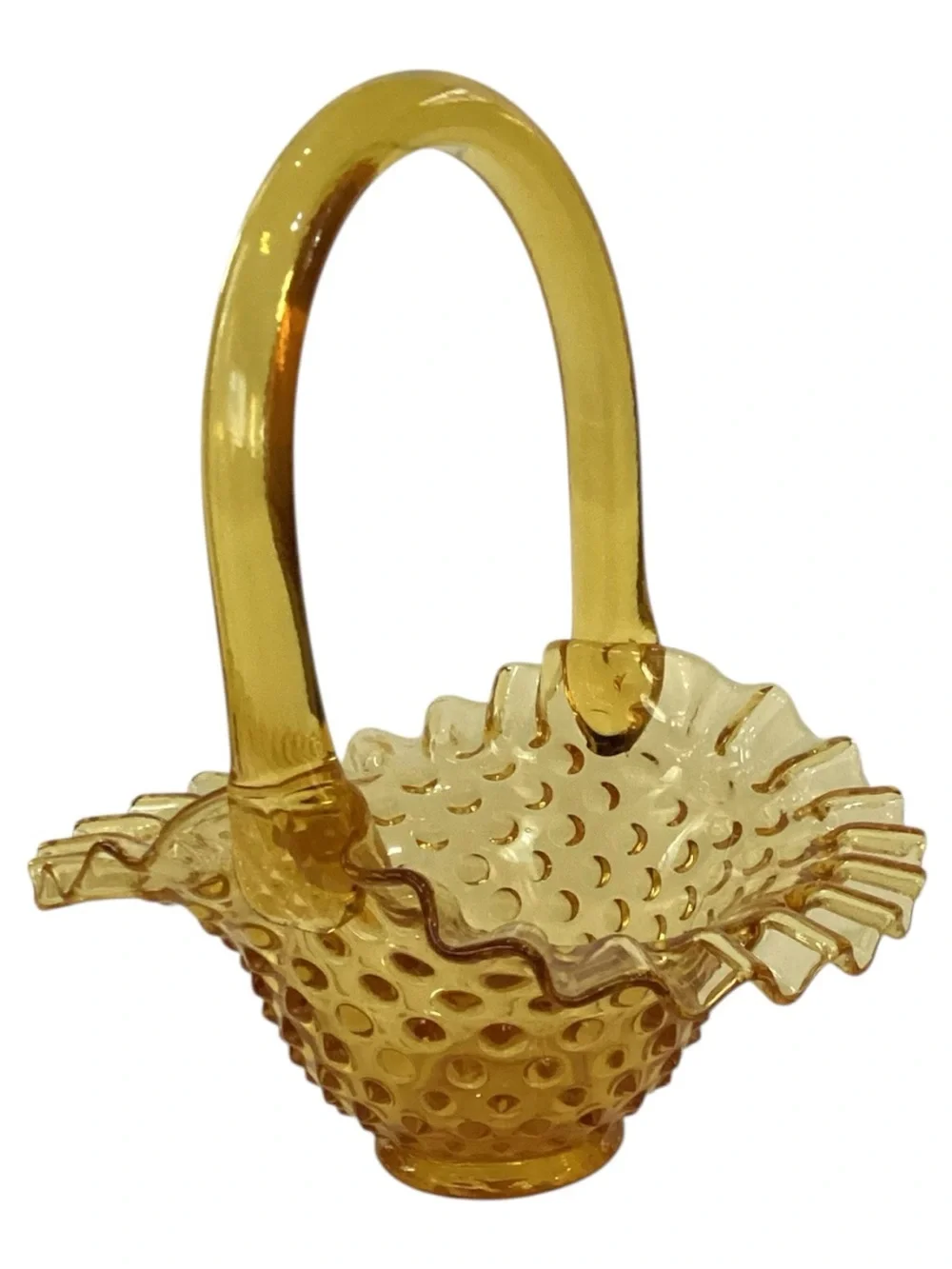 Vintage Fenton Glass 7.5” X6.75” Amber Basket Hob Knob Pattern Ruffled Edges